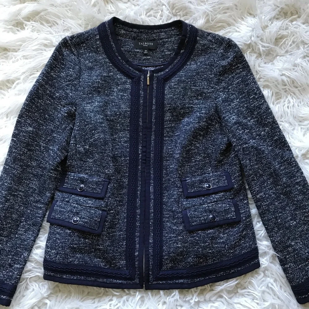 Talbots Marled Jewel‎ Neck Navy-White Coat